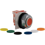 Pulsador Saliente con Plaquetas de Color Negro, Rojo, Verde, Amarillo, Naranja, Azul y Blanco de Marca Schneider Electric de Serie Harmony 9001K (9001KR3UH13) Tipo de Operatorio Retorno de Resorte, Contactos 1NANC. 