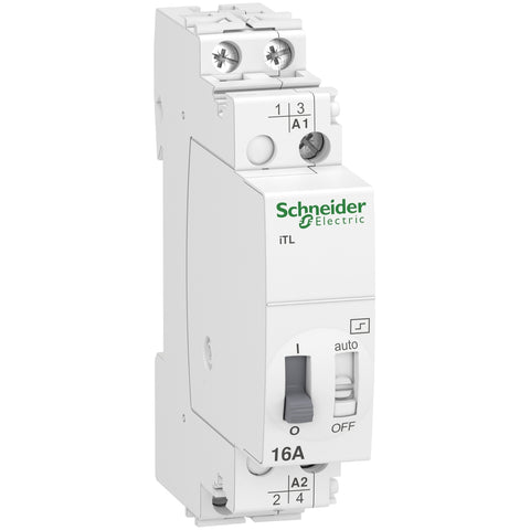 Telerruptor Bipolar de Marca Schneider de Linea Acti 9 iTL (A9C30812) con Corriente 16A y Bobina 110VDC - 220/240VAC. Compra en FCM.