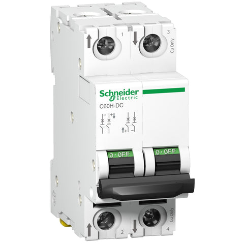 Interruptor termomagnético bipolar C60H-DC de la marca Schneider Electric con corriente nominal de treinta y dos amperios y poder de ruptura veinte kiloamperios en doscientos veinte VDC. El código de referencia es A9N61535.