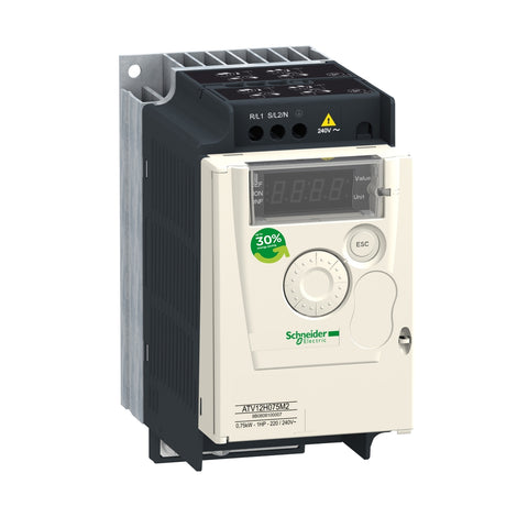 Variador de Velocidad de Potencia Nominal 0.75HP, Máxima Corriente Permanente 3.5A y Alimentación Monofásica 200-240V de Marca Schneider Electric de Linea Altivar 12 (ATV12H055M2) con Dimensiones 143x72x132mm.