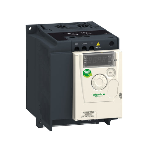 Variador de Velocidad de Potencia Nominal 2HP, Máxima Corriente Permanente 7.5A y Alimentación Monofásica 200-240V de Marca Schneider Electric de Linea Altivar 12 (ATV12HU15M2) con Dimensiones 142x105x157mm.