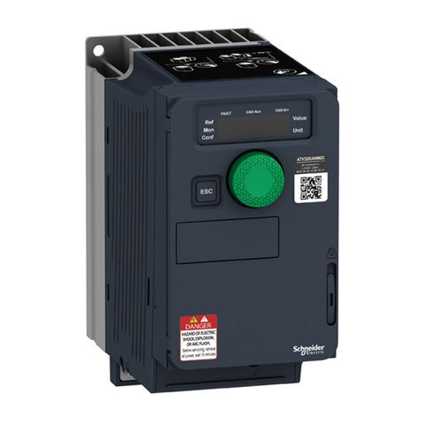 Variador de Velocidad de Potencia Nominal 0.5HP, Máxima Corriente Permanente 1.5A y Alimentación Trifásica 380-500VAC de Marca Schneider Electric de Linea Altivar 320 (ATV320U04N4C) con Dimensiones 143x105x158mm.