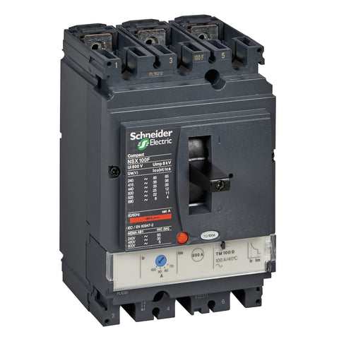 Interruptor Termomagnético Tripolar de Marca Schneider Electric de Serie Compact NSX de Tipo NSX100F o TM80D (LV429631) con Regulación de Disparo Térmica 56-80A, Intervalo de Ajuste de Detección a Corto Plazo 650A y Poder de Ruptura 35kA en 440V. Compra en FCM.