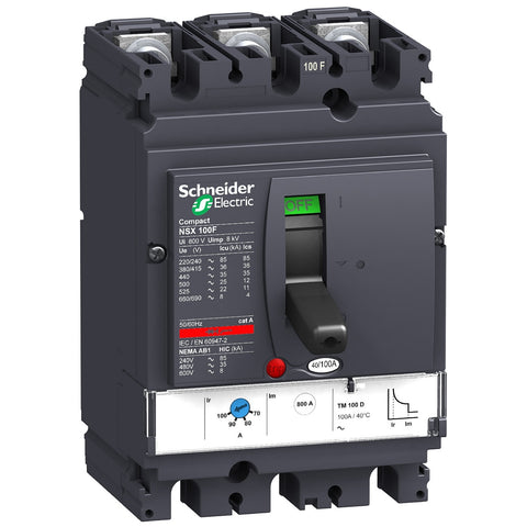 Interruptor Termomagnético Tripolar de Marca Schneider Electric de Serie Compact NSX de Tipo NSX100F o TM63D (LV429632) con Regulación de Disparo Térmica 44.1-63A, Intervalo de Ajuste de Detección a Corto Plazo 500A y Poder de Ruptura 35kA en 440V. Compra en FCM.