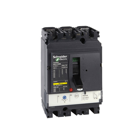 Interruptor Termomagnético Tripolar de Marca Schneider Electric de Serie Compact NSX de Tipo NSX100H o TM63D (LV429672) con Regulación de Disparo Térmica 44.1-63A, Intervalo de Ajuste de Detección a Corto Plazo 500A y Poder de Ruptura 65kA en 440V. Compra en FCM.