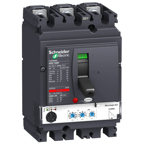 Interruptor Electrónico Tripolar de Marca Schneider Electric de Serie Compact NSX de Tipo NSX250F (LV431770) con Unidad de Disparo Micrologic 2.2 con Regulación de 100-250A, Intervalo de ajuste de detección a corto plazo 1.5 a 10 lr y Poder de Ruptura 35kA en 440V. Compra en FCM.