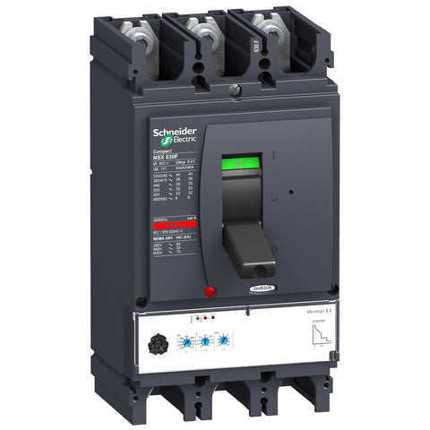 Interruptor Electrónico Tripolar de Marca Schneider Electric de Serie Compact NSX de Tipo NSX630H (LV432895) con Unidad de Disparo Micrologic 2.3 con Regulación de 252-630A, Intervalo de ajuste de detección a corto plazo 1.5 a 10 lr y Poder de Ruptura 65kA en 440V. Compra en FCM.