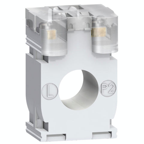 Transformador de Corriente 75A y Corriente Secundario 5A, con Forma Interna Tipo CC para Diámetro del Cable ⌀21mm de Marca Schneider de Linea Powerlogic (METSECT5CC008) de Dimensiones externas 44x65x30mm.