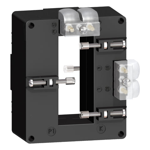 Transformador de Corriente 1000A y Corriente Secundario 5A, con Forma Interna Tipo DD de Marca Schneider de Linea Powerlogic (METSECT5DD100) de Dimensiones externas 96x116x58mm y de la barra 34x84mm.