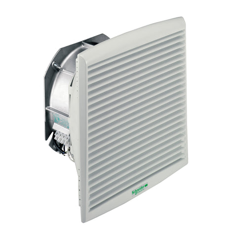 Ventilador Forzado Climasys CV de IP54 , Caudal 477m3/h, Tensión 230VAC y Dimensión Mecanizado 291x291mm de Marca Schneider Electric (NSYCVF560M230PF). 