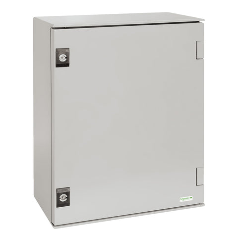 Tablero Eléctrico Mural de Poliester Reforzado con Fibra de Vidrio con Puerta Ciega de Marca Schneider Electric de Serie Thalasa PLM (NSYPLM43G) de Dimensiones 430x330x200mm, Peso 5.8kg y Grado de Protección IP66. Compra en FCM.