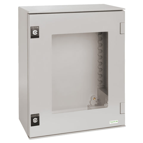 Tablero Eléctrico Mural de Poliester Reforzado con Fibra de Vidrio con Puerta Transparente de Marca Schneider Electric de Serie Thalasa PLM (NSYPLM54TG) de Dimensiones 530x430x200mm, Peso 8.0kg y Grado de Protección IP66. Compra en FCM.