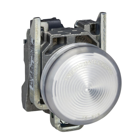 Piloto de Señalización Blanco LED de Marca Schneider Electric de Serie Harmony XB4 (XB4BVM1) con ø22m de Montaje, Cuerpo Metálico, Alimentación 220VAC.